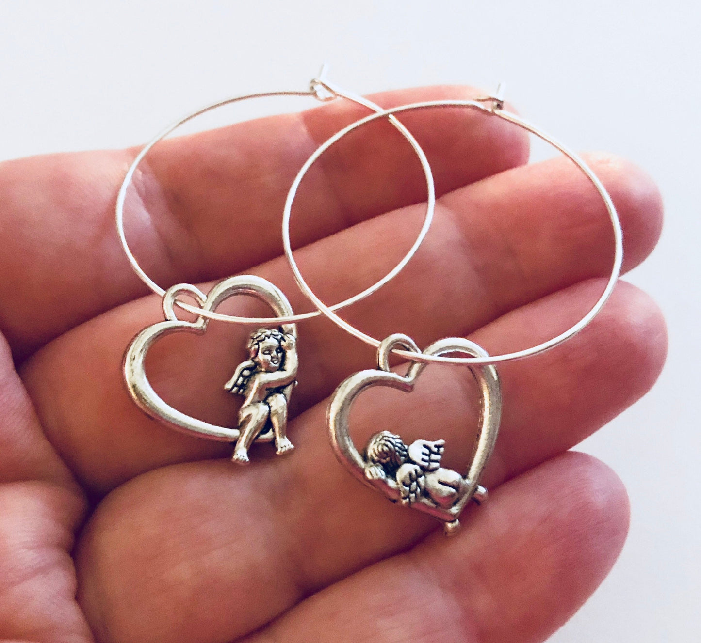 Silver Cherub Baby Angels Silver Hoops with Charm Earrings, Angel Hoops, Cherub Charms Hoops Hoop Earrings, Cutest Godess