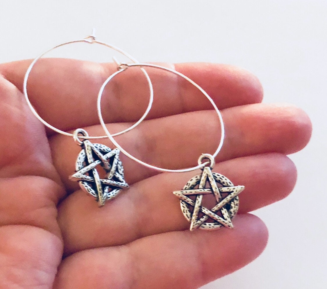 Pentagram Charm Silver Hoop Earrings, 5 Pointed Star Drop Dangle Earrings, Silver Hoops, Wicca Wiccan Witch Witchcraft Pagan Paganism Occult