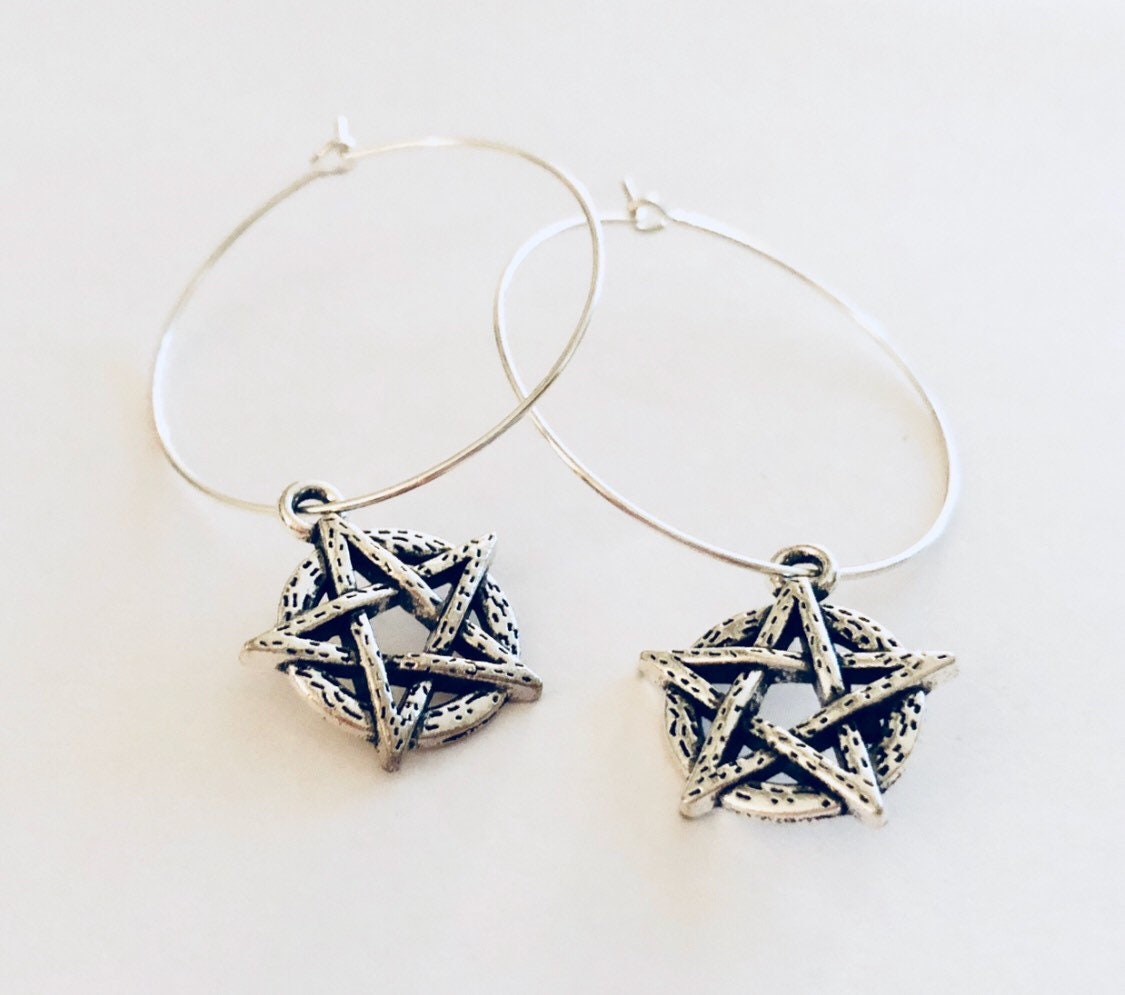 Pentagram Charm Silver Hoop Earrings, 5 Pointed Star Drop Dangle Earrings, Silver Hoops, Wicca Wiccan Witch Witchcraft Pagan Paganism Occult