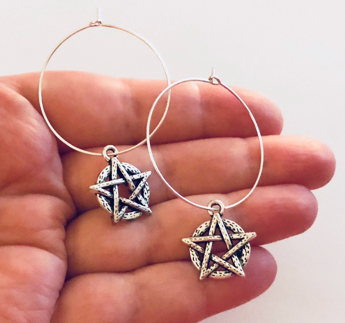 Pentagram Charm Silver Hoop Earrings, 5 Pointed Star Drop Dangle Earrings, Silver Hoops, Wicca Wiccan Witch Witchcraft Pagan Paganism Occult