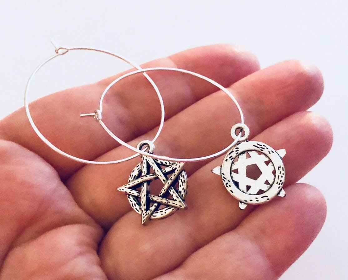 Pentagram Charm Silver Hoop Earrings, 5 Pointed Star Drop Dangle Earrings, Silver Hoops, Wicca Wiccan Witch Witchcraft Pagan Paganism Occult