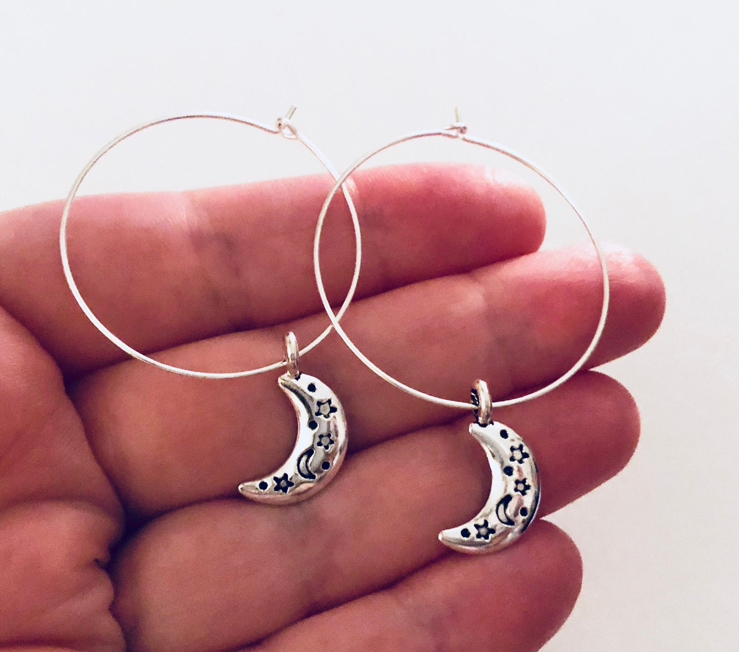 Little Half Moons Silver Hoop Earrings, Moon Earrings, Silver Hopps with Moon Charm Charms Celestial Wicca Wiccan Witch