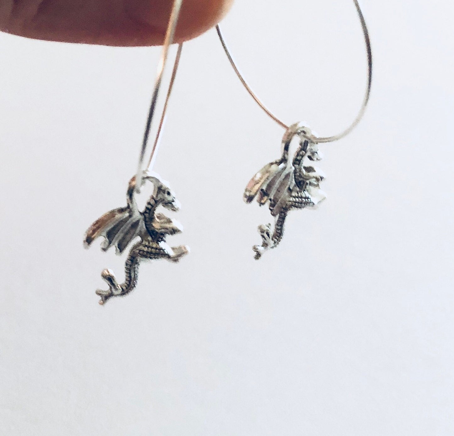 Mythical Dragon Earrings, Silver Hoop Dragon Earrings with Dragons Charm Charms, Silver Hoops, Serpent Dragon Reptile