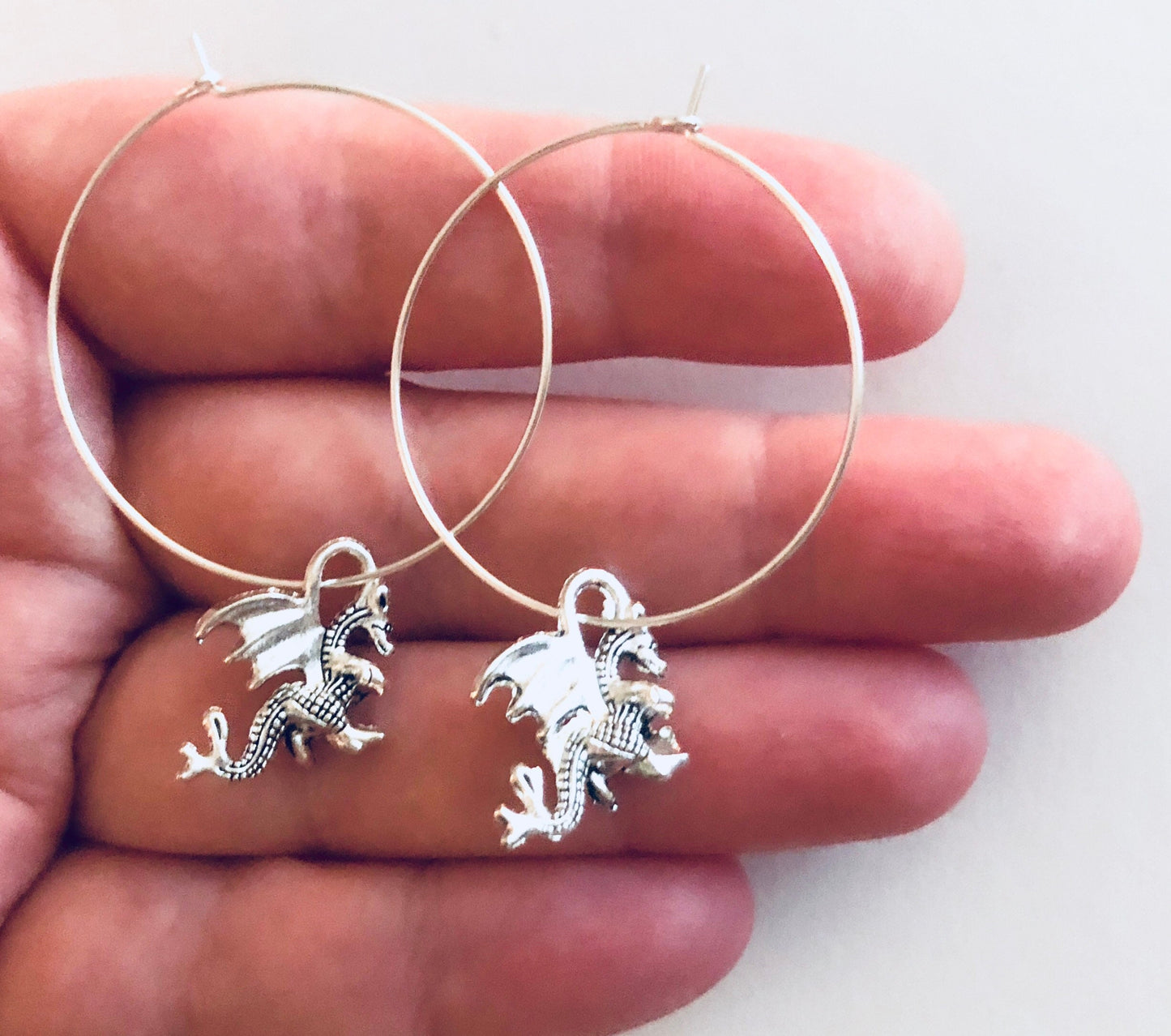 Mythical Dragon Earrings, Silver Hoop Dragon Earrings with Dragons Charm Charms, Silver Hoops, Serpent Dragon Reptile