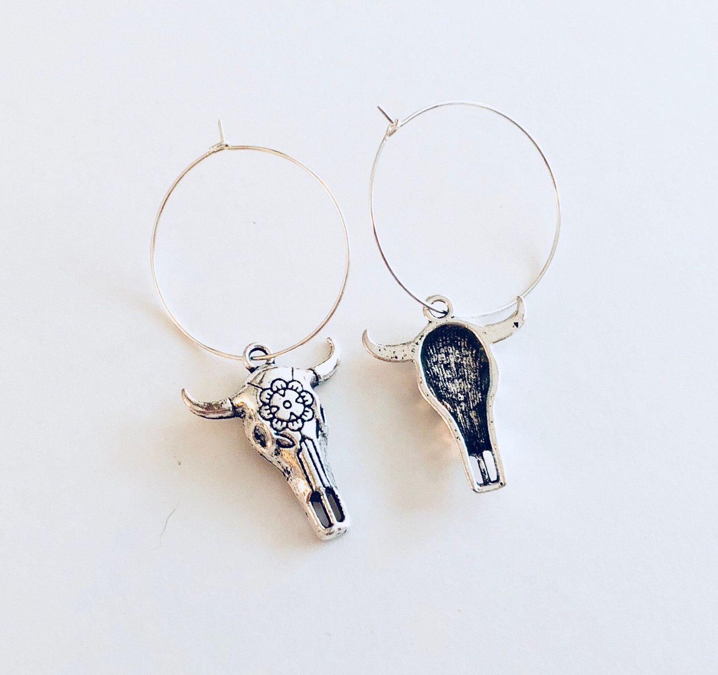 Skeleton Bull Skull Silver Hoop Earrings, Silver Hoops with Bull Skull Charm Charms Bulls