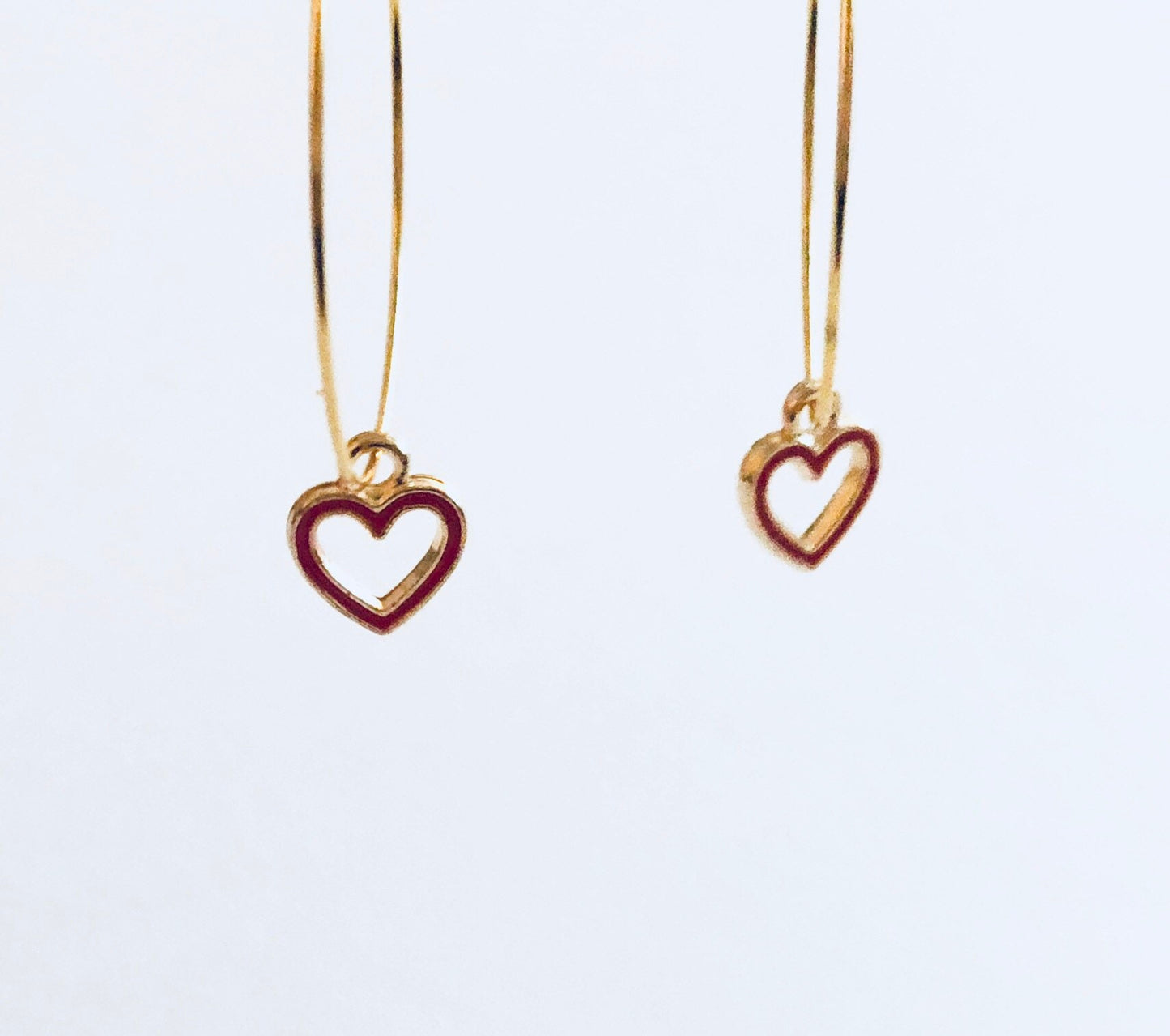 Red Hearts Gold Hoops, Hoops with Little Heart Charm Red Outline, Gold Hoop Earrings Heart Charms, Golden Dainty Cute