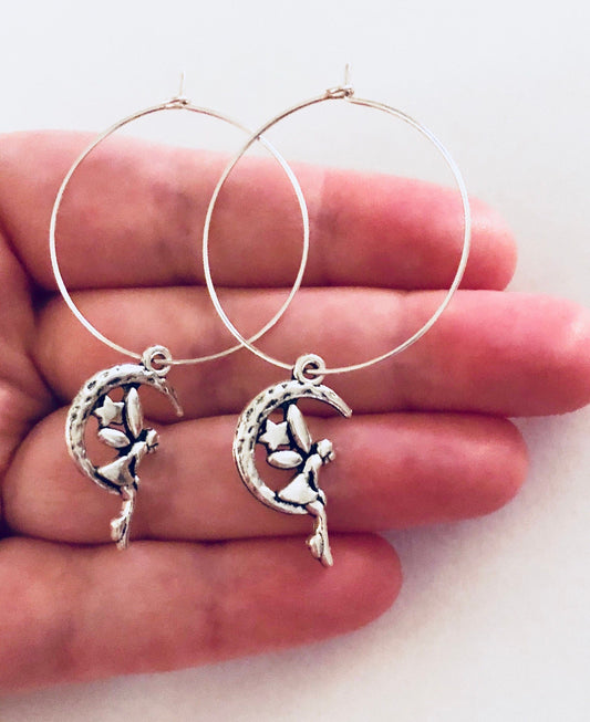 Fairies Hoops, Silver Hoop Earrings with Fairy Charm in a Half Moon, Charms Mystical Magical Folk Folklore Celtic Irish Ireland