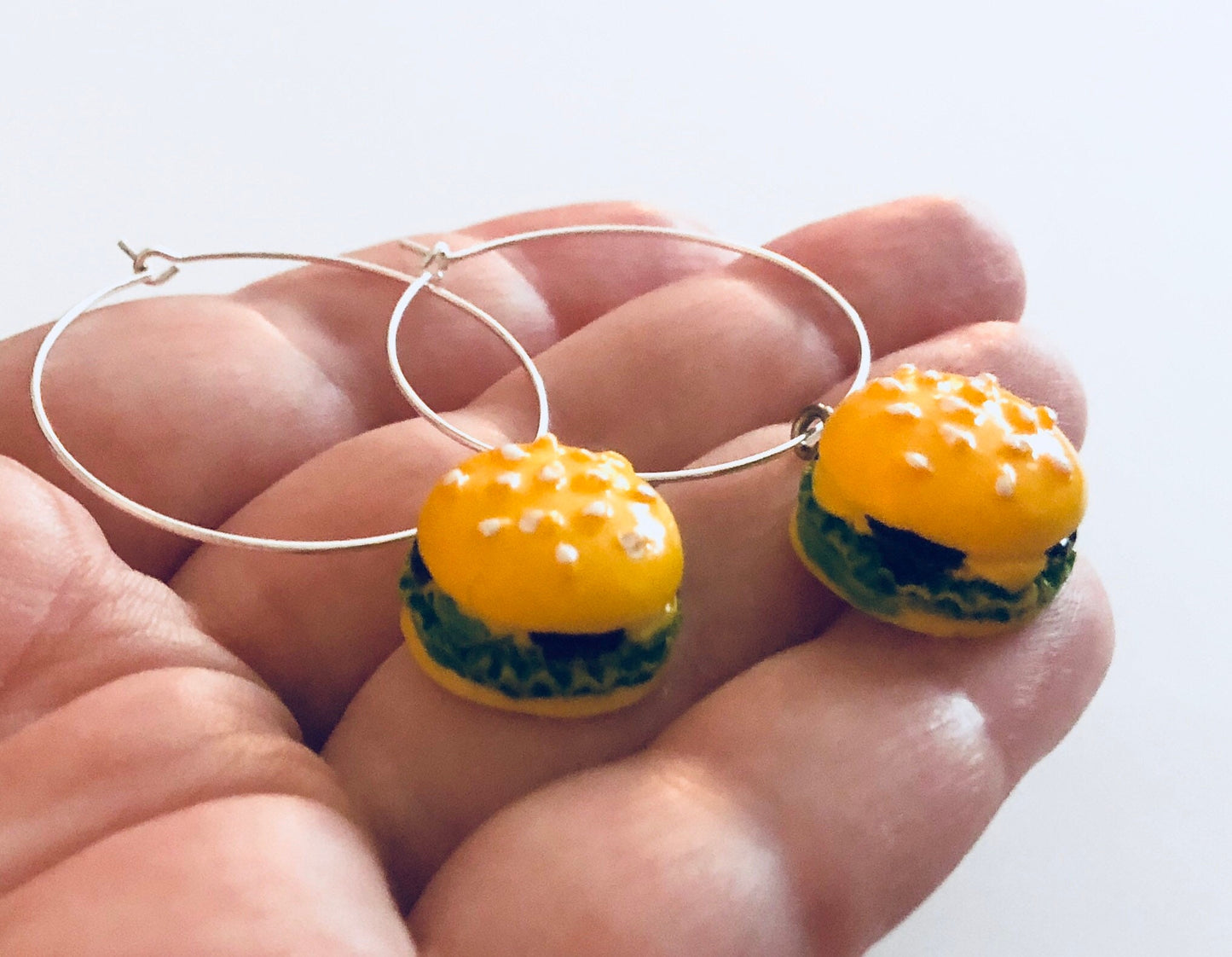 Mini Burgers Silver Tone Hoop Earrings with Burger Charms, Kawaii Cuteness