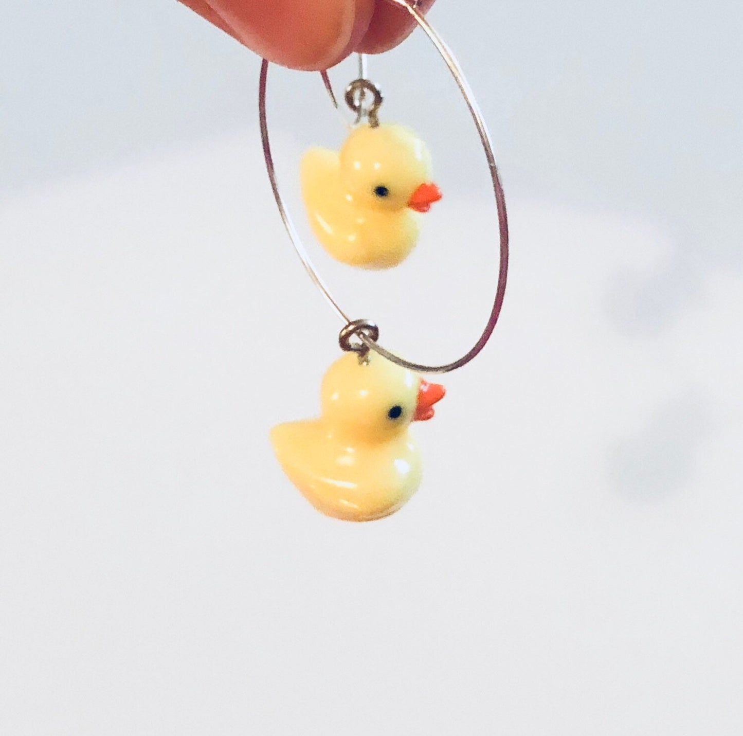 Little Yellow Rubber Duckie Silver Tone Hoop Earrings with Duck Charm Charms, Kawaii Cute