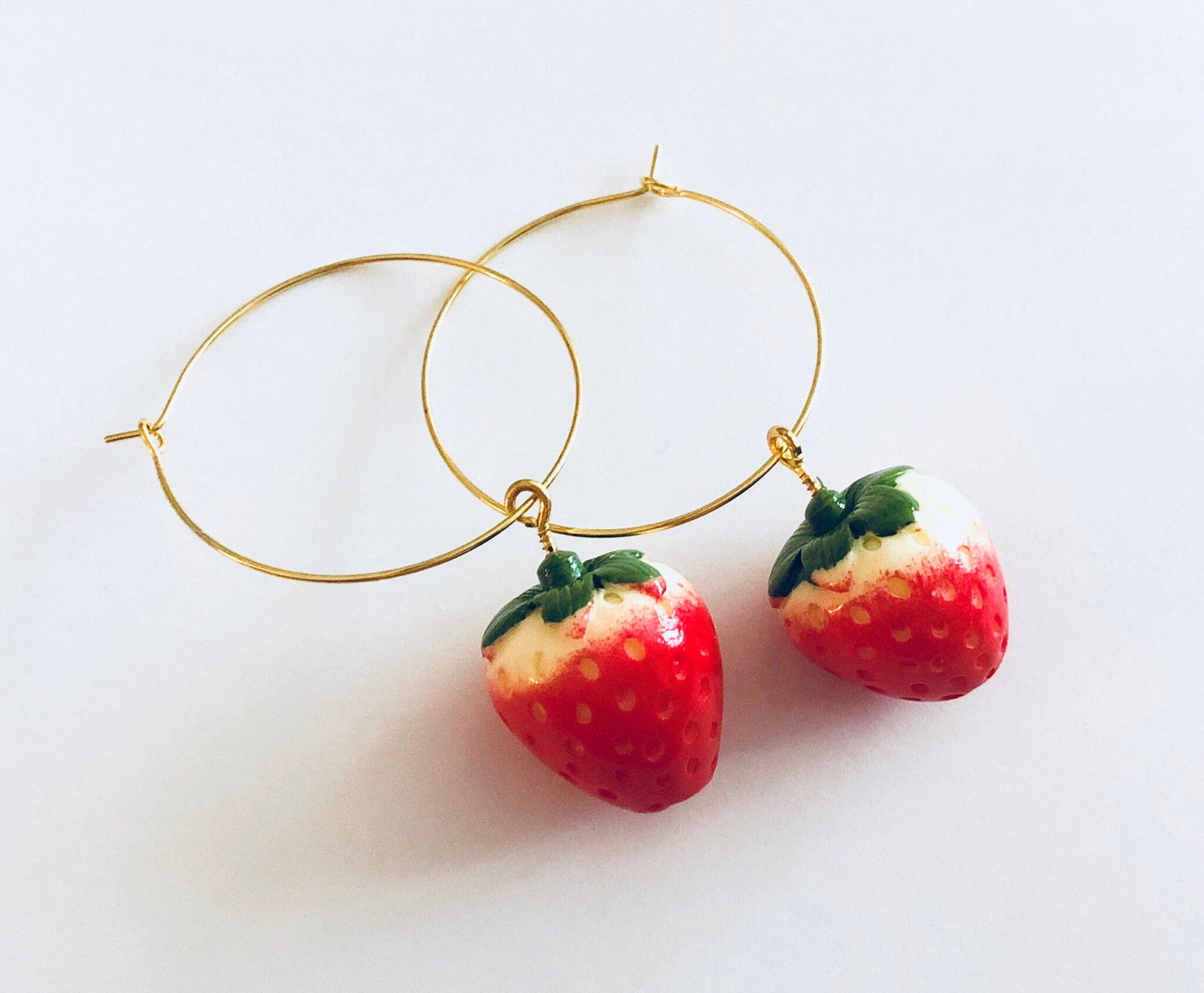 Strawberry Hoop Earrings, Gold Toned Strawberry Charm Hoops Jewerly Kawaii Cute