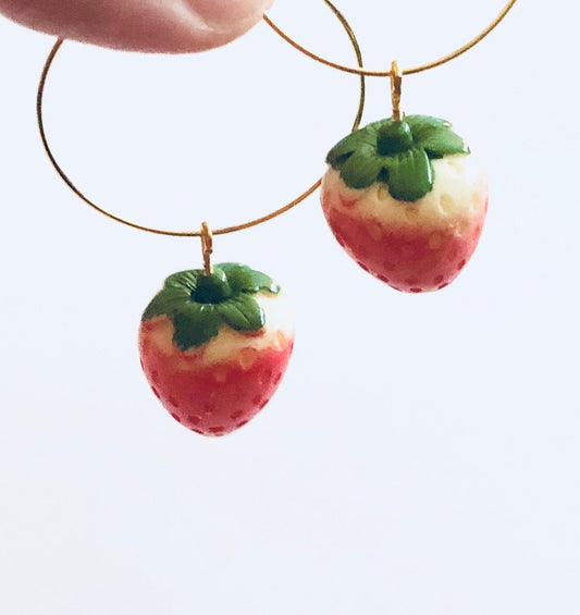 Strawberry Hoop Earrings, Gold Toned Strawberry Charm Hoops Jewerly Kawaii Cute