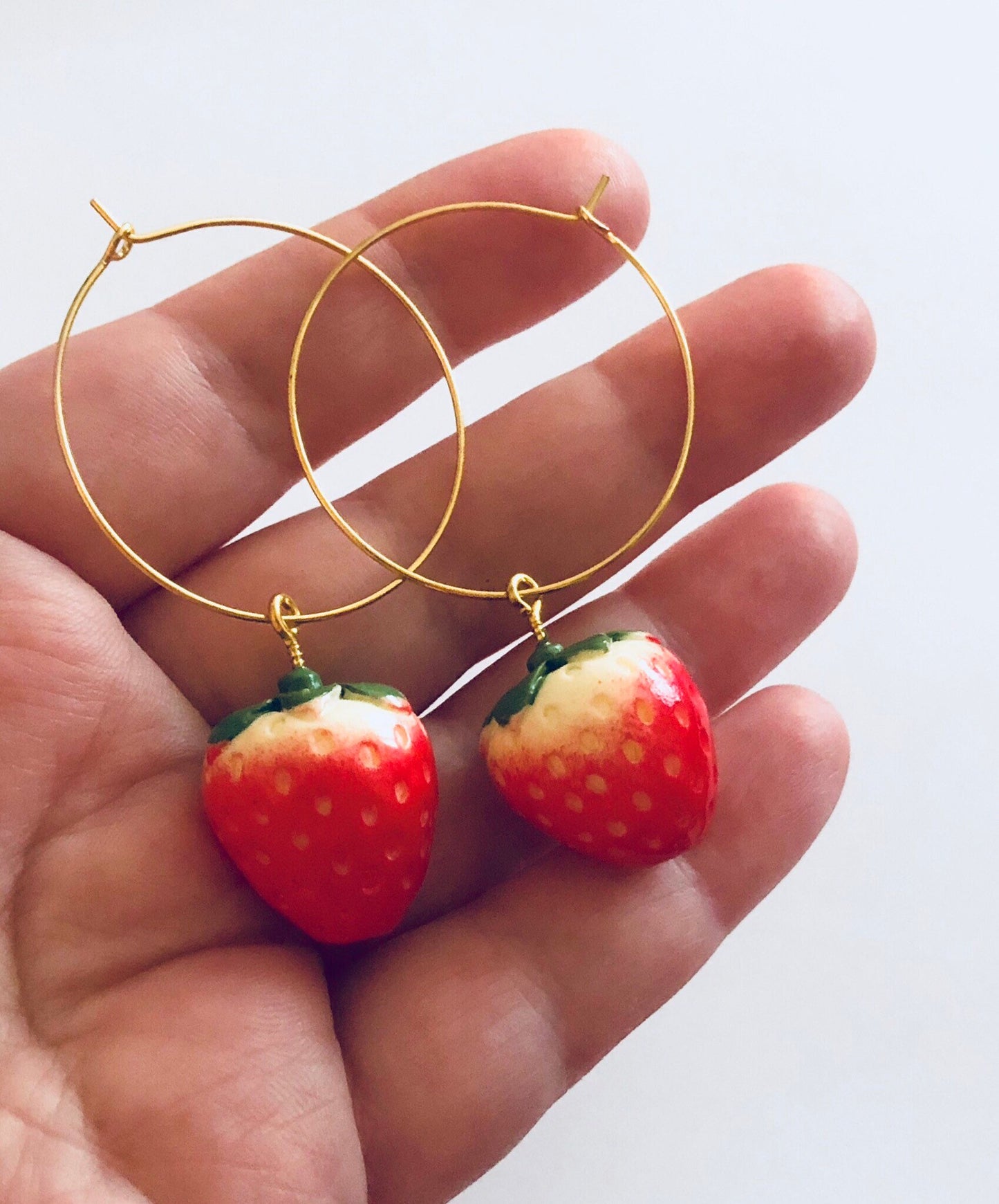 Strawberry Hoop Earrings, Gold Toned Strawberry Charm Hoops Jewerly Kawaii Cute