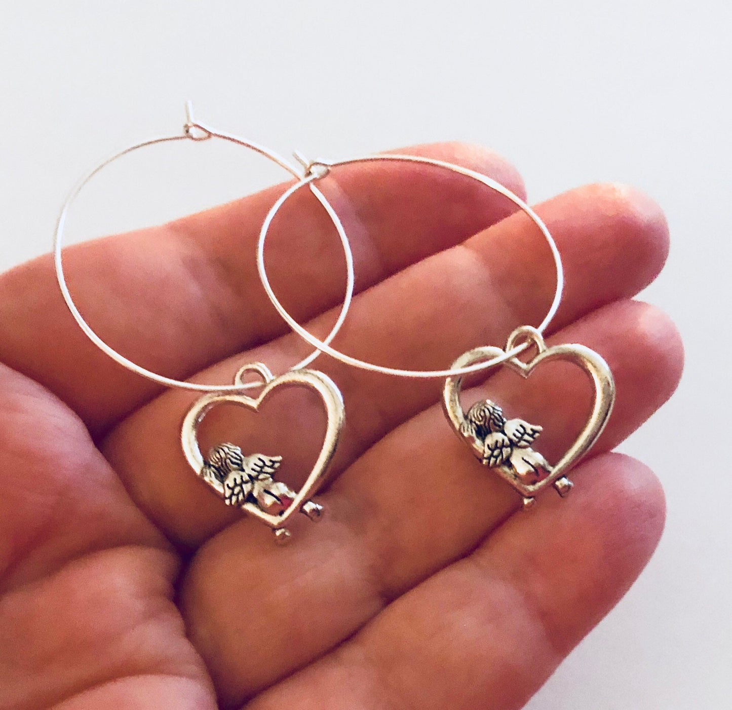 Silver Cherub Baby Angels Silver Hoops with Charm Earrings, Angel Hoops, Cherub Charms Hoops Hoop Earrings, Cutest Godess