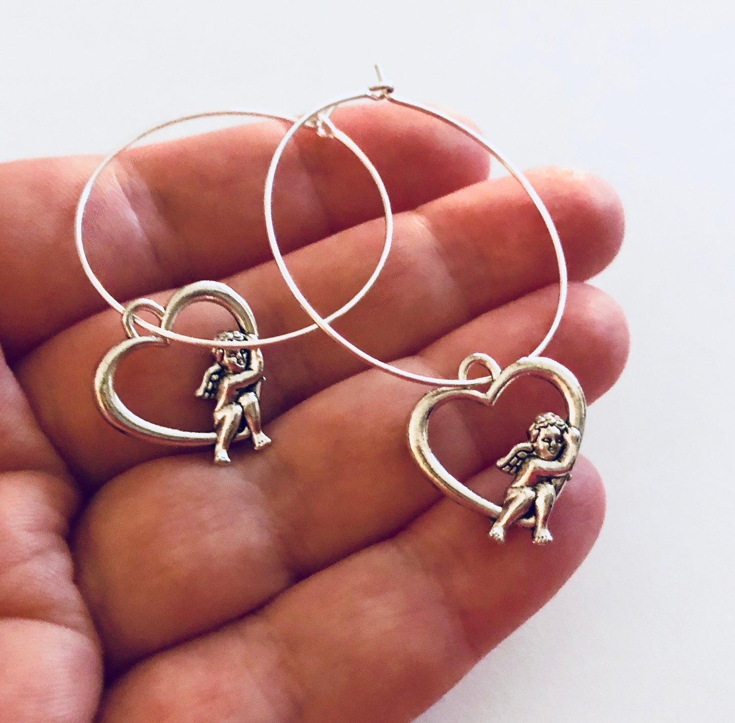 Silver Cherub Baby Angels Silver Hoops with Charm Earrings, Angel Hoops, Cherub Charms Hoops Hoop Earrings, Cutest Godess