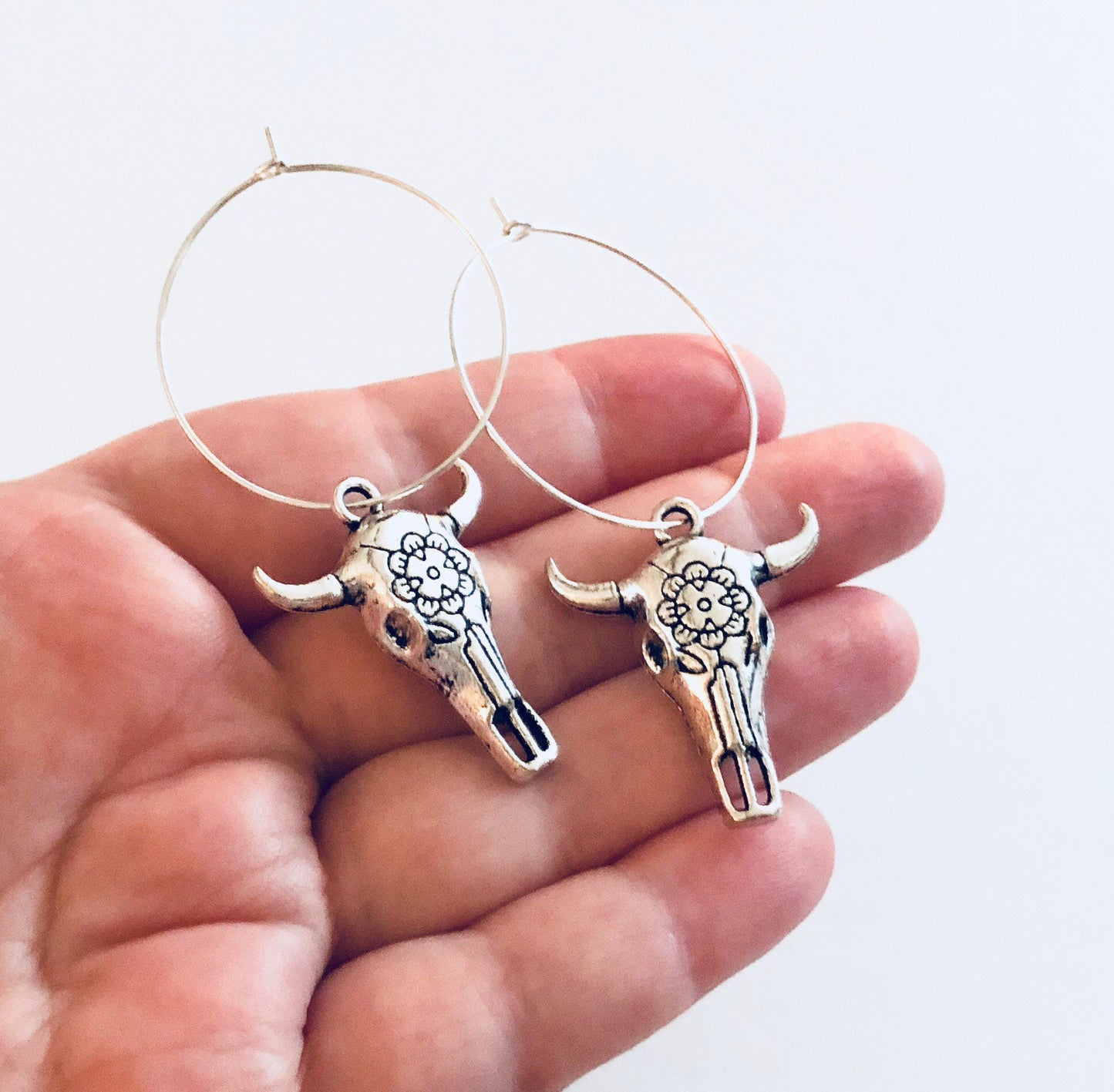 Skeleton Bull Skull Silver Hoop Earrings, Silver Hoops with Bull Skull Charm Charms Bulls