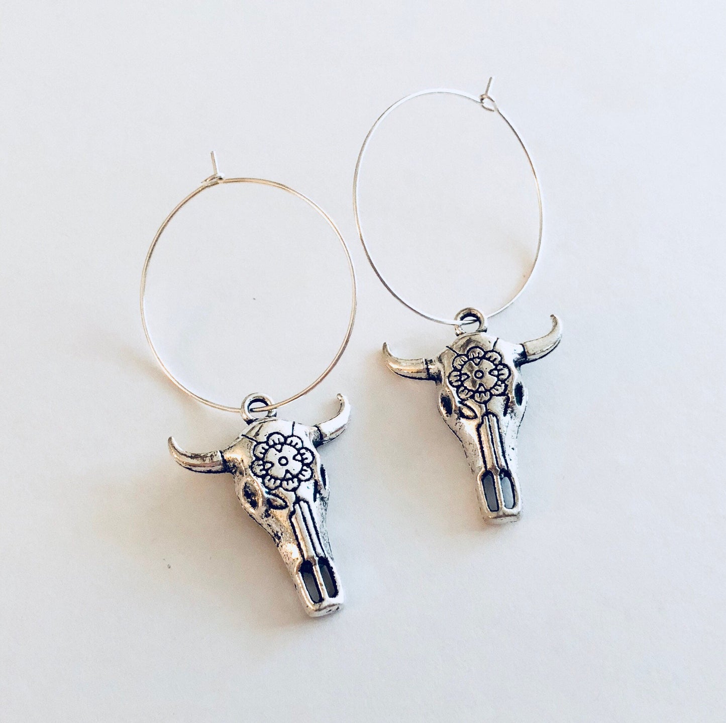 Skeleton Bull Skull Silver Hoop Earrings, Silver Hoops with Bull Skull Charm Charms Bulls