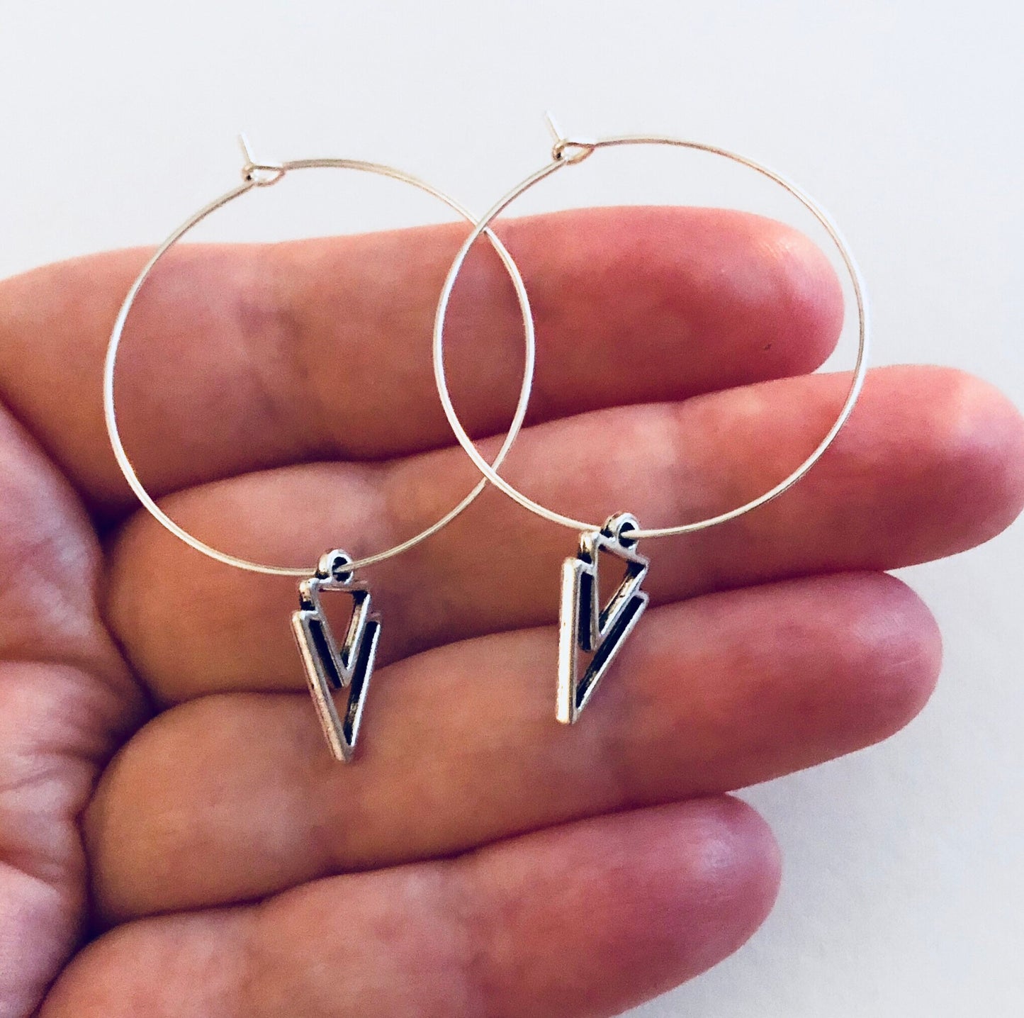 Double Interlocking Triangle Silver Hoop Earrings, Silver Hoops with Trinagles Charm Charms Hippy Hippy Boho