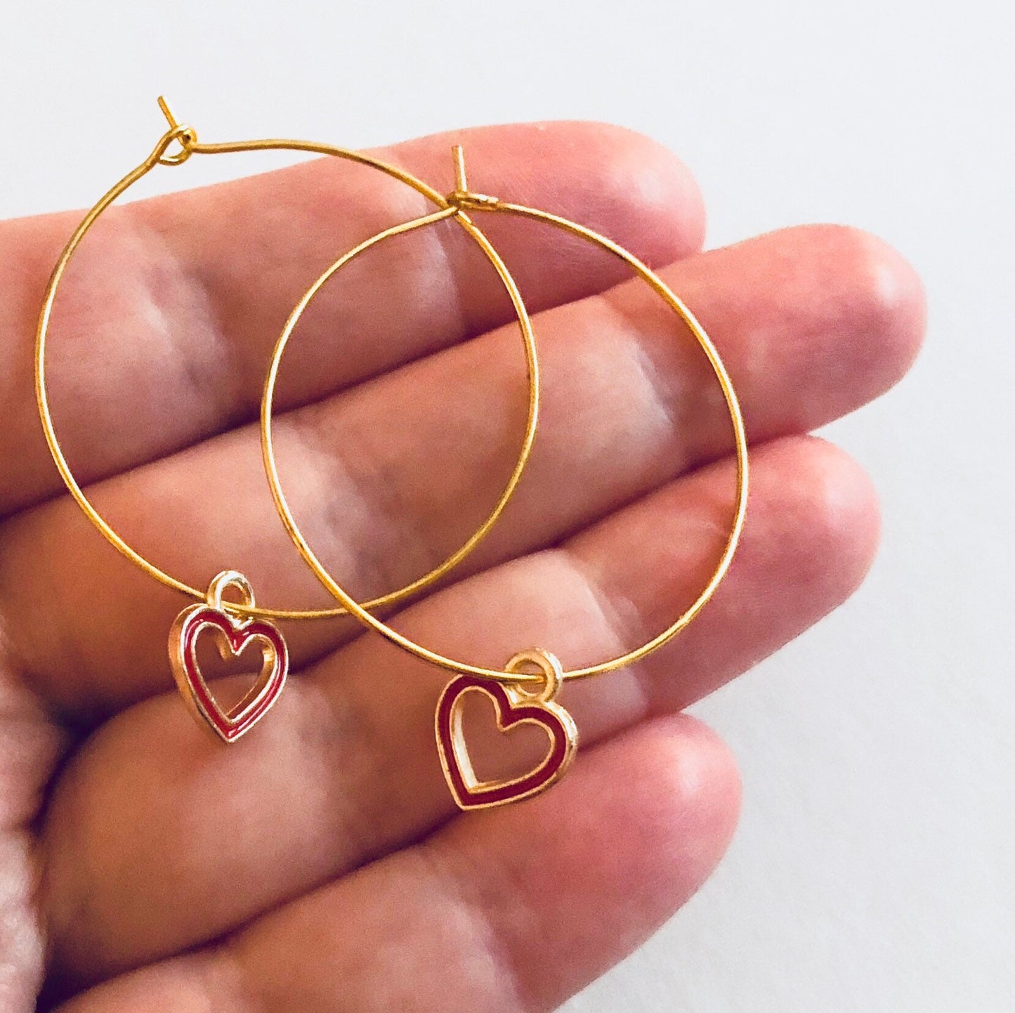 Red Hearts Gold Hoops, Hoops with Little Heart Charm Red Outline, Gold Hoop Earrings Heart Charms, Golden Dainty Cute