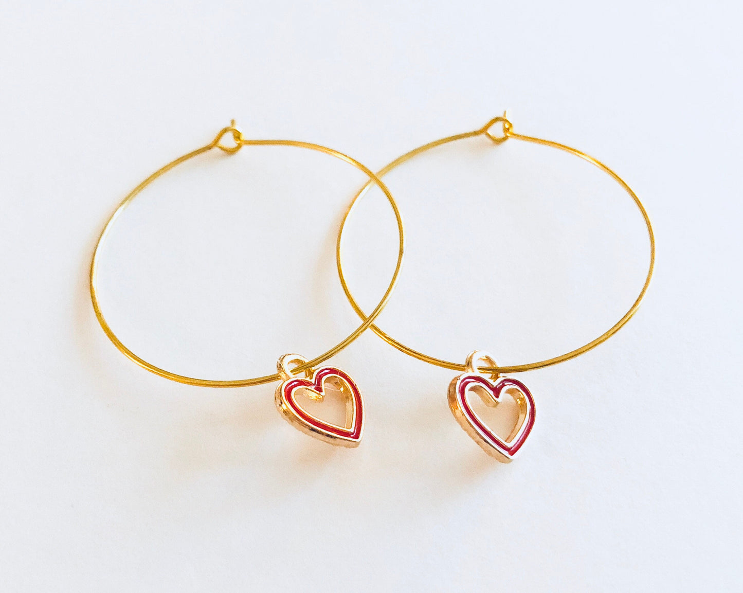 Red Hearts Gold Hoops, Hoops with Little Heart Charm Red Outline, Gold Hoop Earrings Heart Charms, Golden Dainty Cute