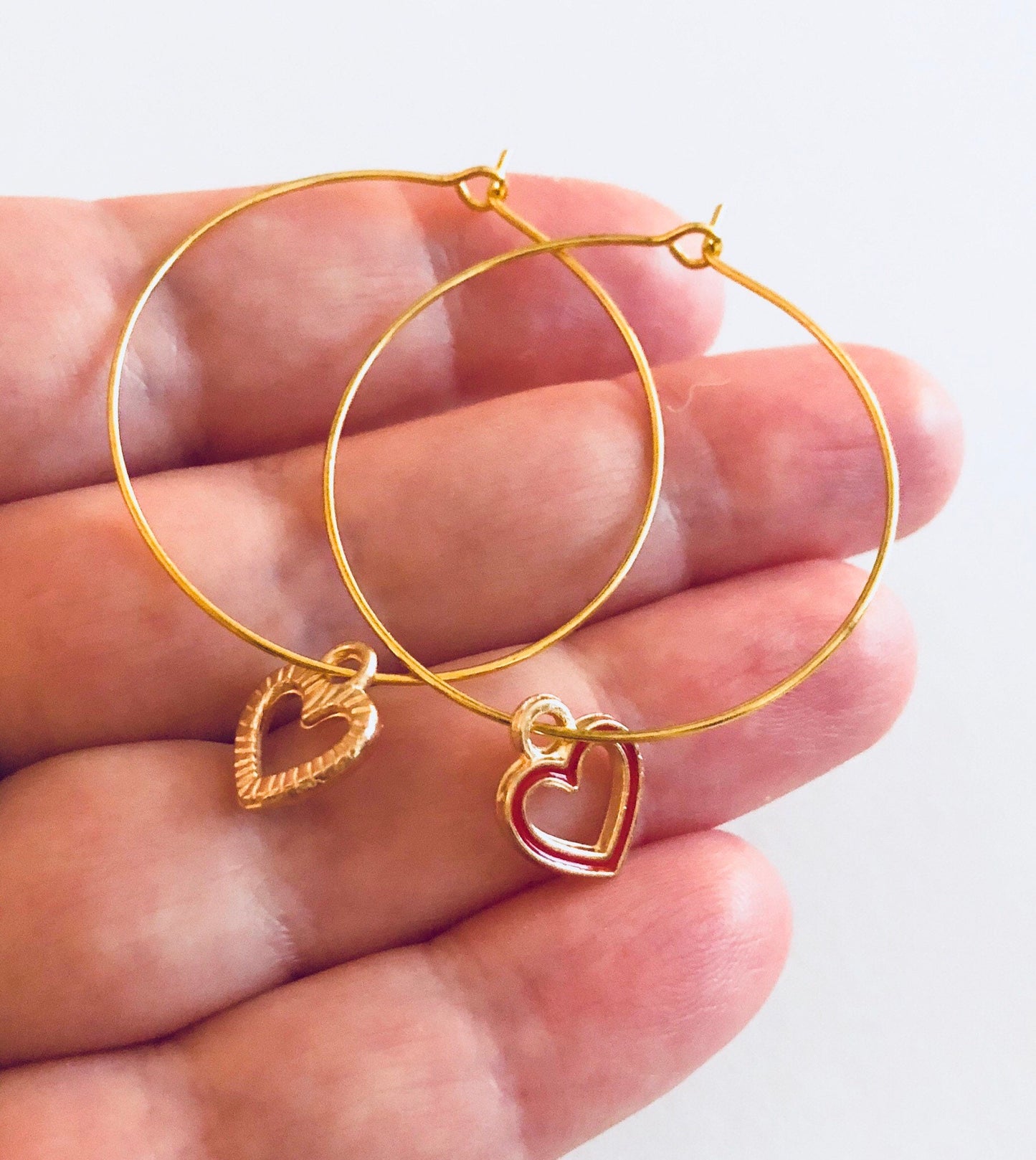 Red Hearts Gold Hoops, Hoops with Little Heart Charm Red Outline, Gold Hoop Earrings Heart Charms, Golden Dainty Cute