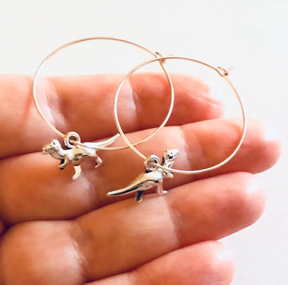 T-Rex Dinosaur Hoop Earrings, Silver Hoops with T. Rex Dinosaur Charm Charms, Extinct Reptile Jewelry