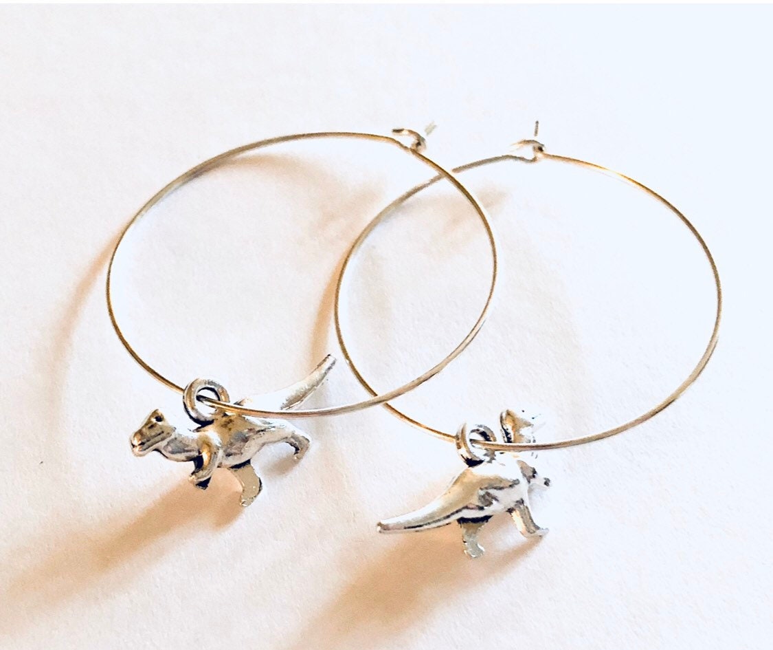 T-Rex Dinosaur Hoop Earrings, Silver Hoops with T. Rex Dinosaur Charm Charms, Extinct Reptile Jewelry