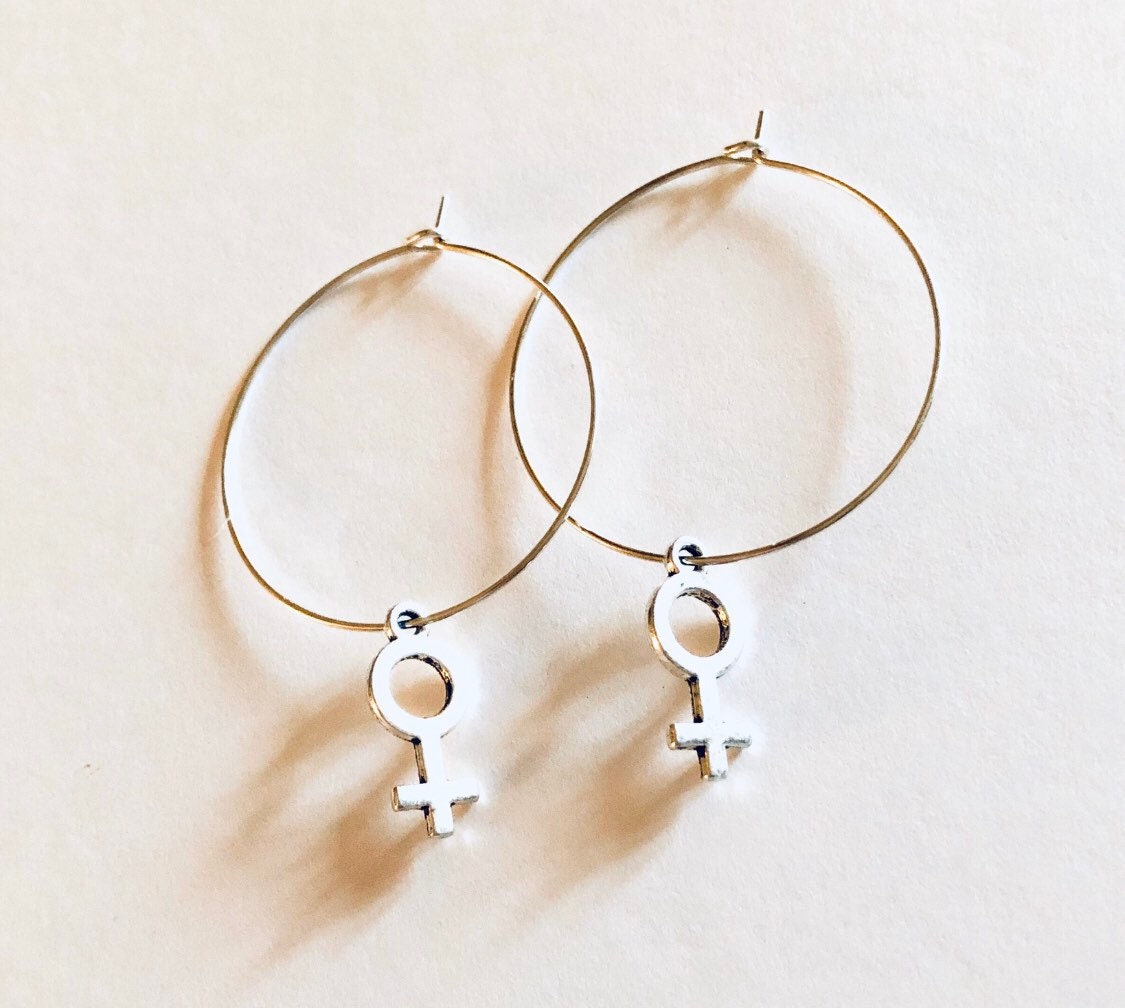 Venus Female Symbol Hoop Earrings, Silver Hoops with Female Symbol Venus, Womens’ Empowerment Girl Power