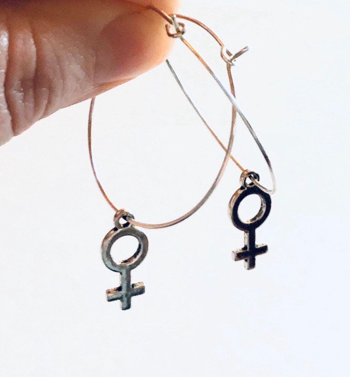 Venus Female Symbol Hoop Earrings, Silver Hoops with Female Symbol Venus, Womens’ Empowerment Girl Power