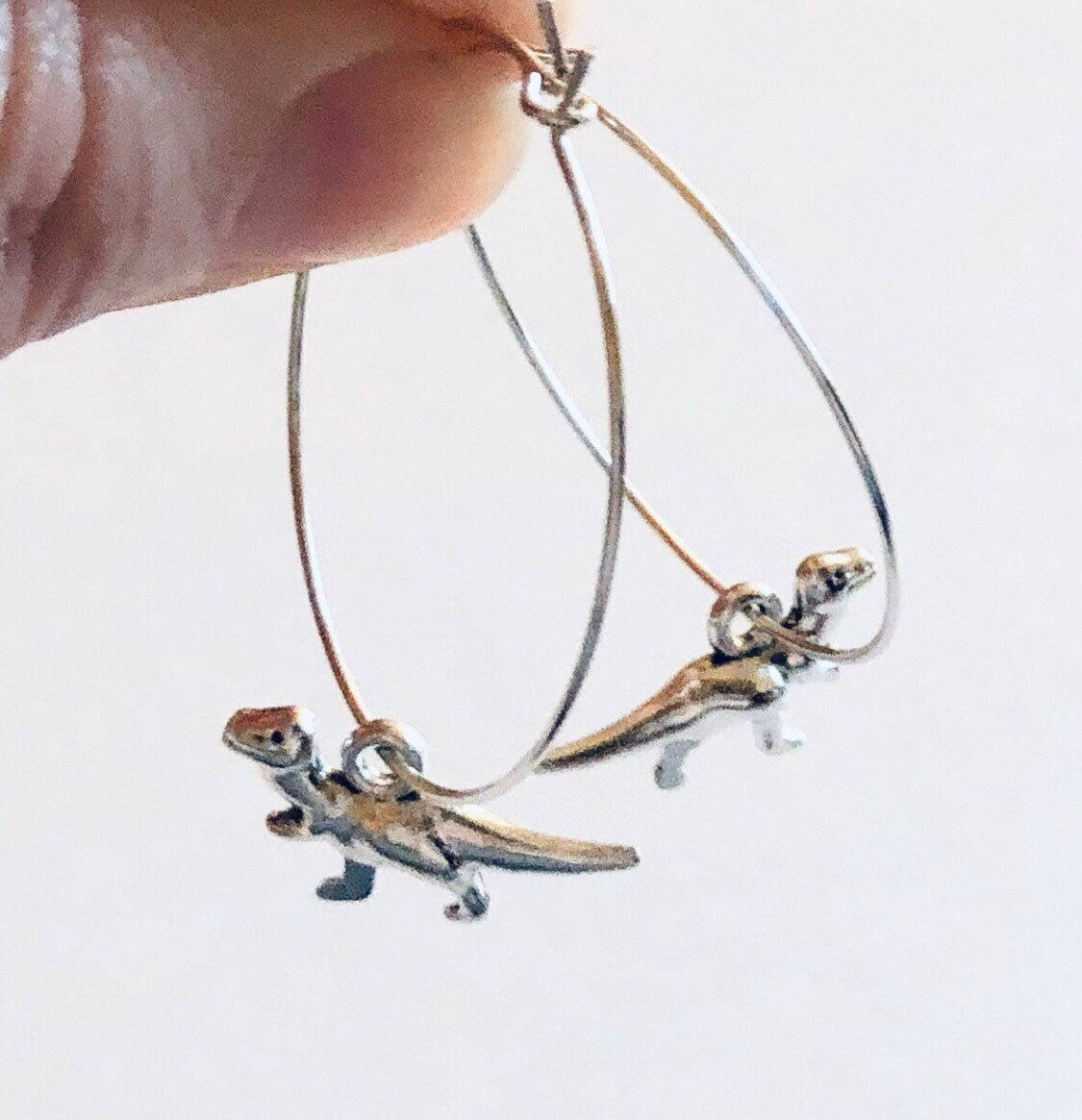 T-Rex Dinosaur Hoop Earrings, Silver Hoops with T. Rex Dinosaur Charm Charms, Extinct Reptile Jewelry