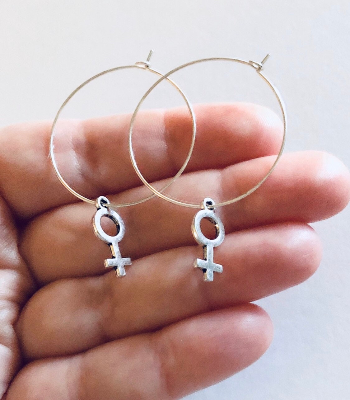 Venus Female Symbol Hoop Earrings, Silver Hoops with Female Symbol Venus, Womens’ Empowerment Girl Power