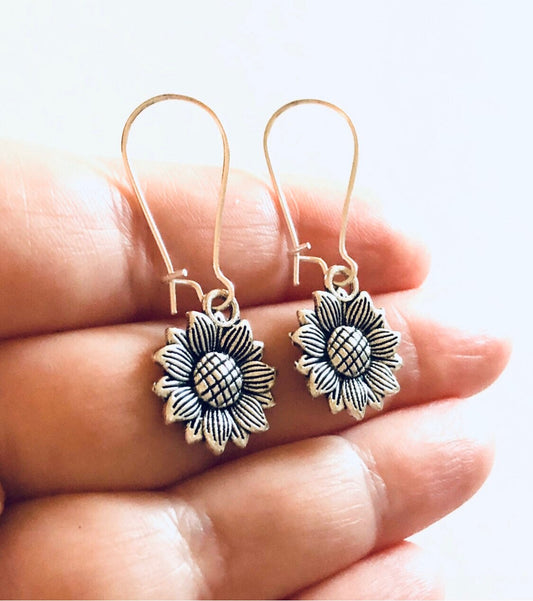 Silver Sunflower Earrings, Pretty Feminine Floral Sunflower Charm Dangle Drop Earrings Charms Flower