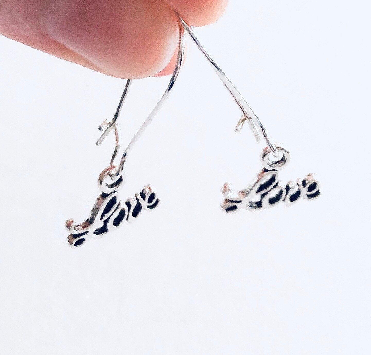 Love Earrings, Drop Dangle Love Earrings, Valentines Earrings, Silver Love Earrings