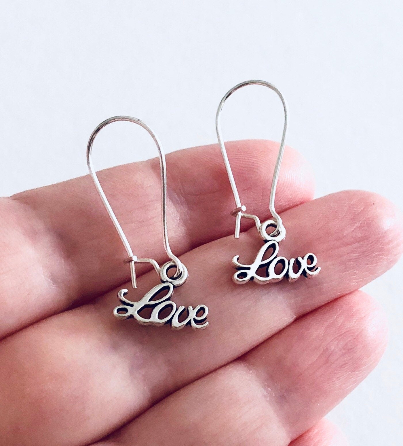 Love Earrings, Drop Dangle Love Earrings, Valentines Earrings, Silver Love Earrings