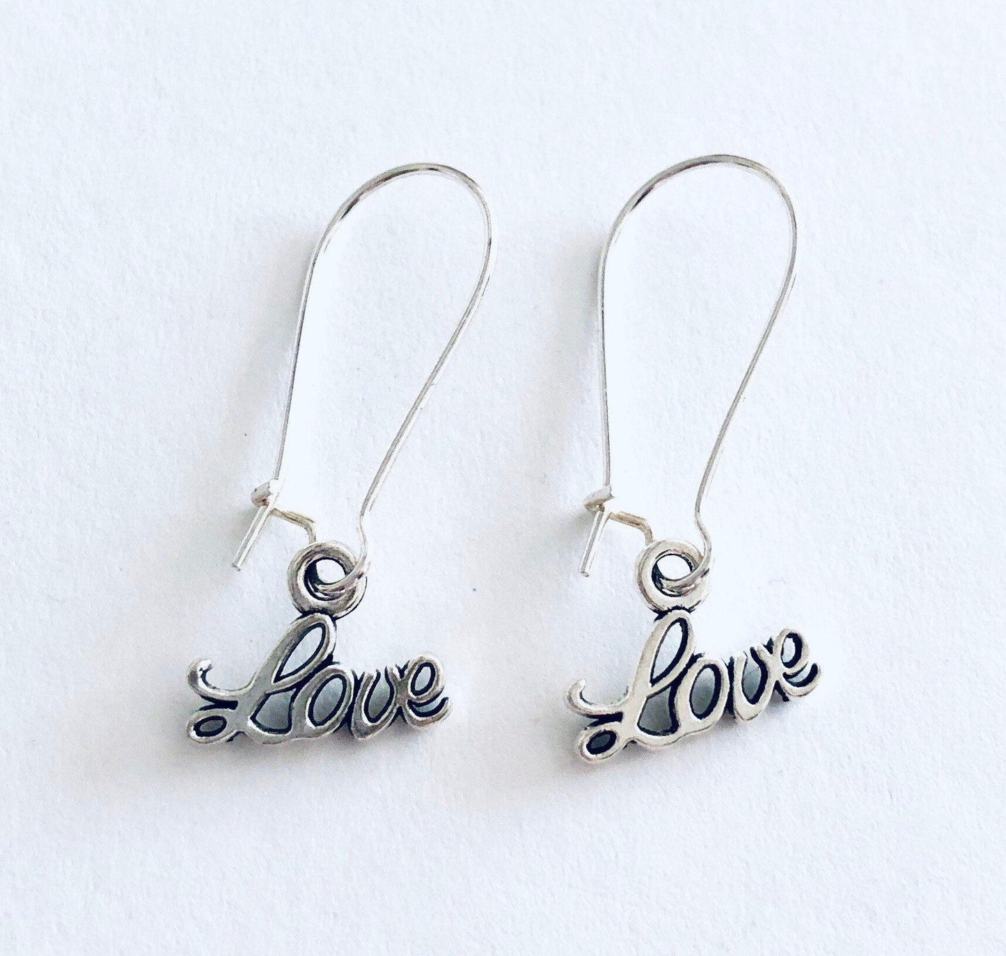 Love Earrings, Drop Dangle Love Earrings, Valentines Earrings, Silver Love Earrings