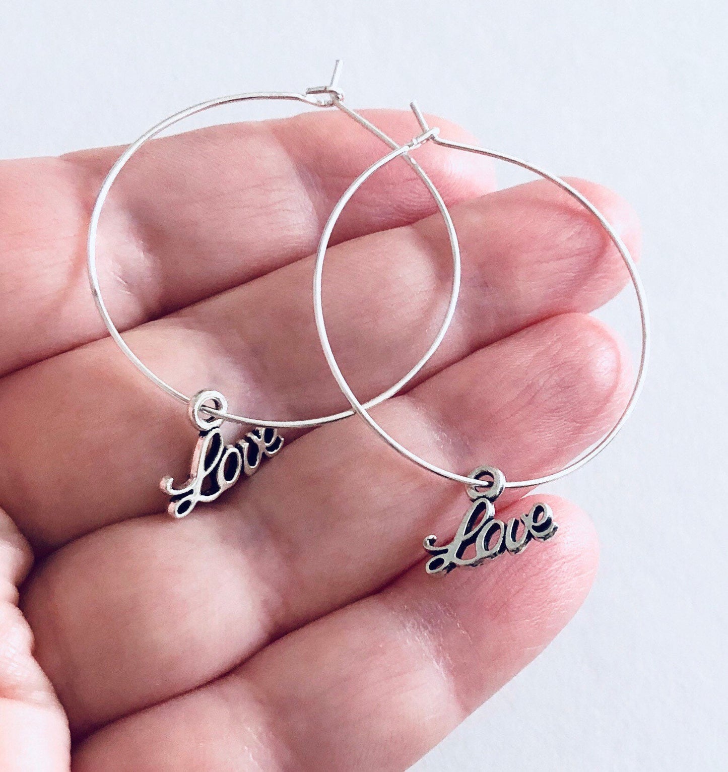 Love Silver Hoop Earrings with Love Charms, Hoop Earrings with Charm, Anniversary Gift, Birthday for Her