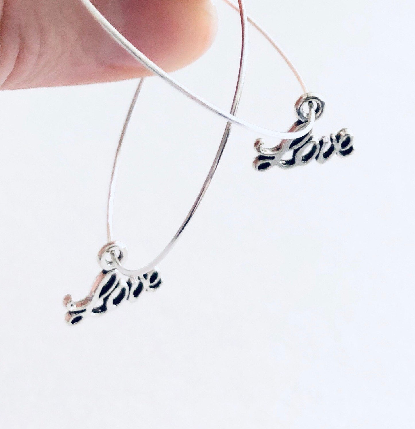 Love Silver Hoop Earrings with Love Charms, Hoop Earrings with Charm, Anniversary Gift, Birthday for Her