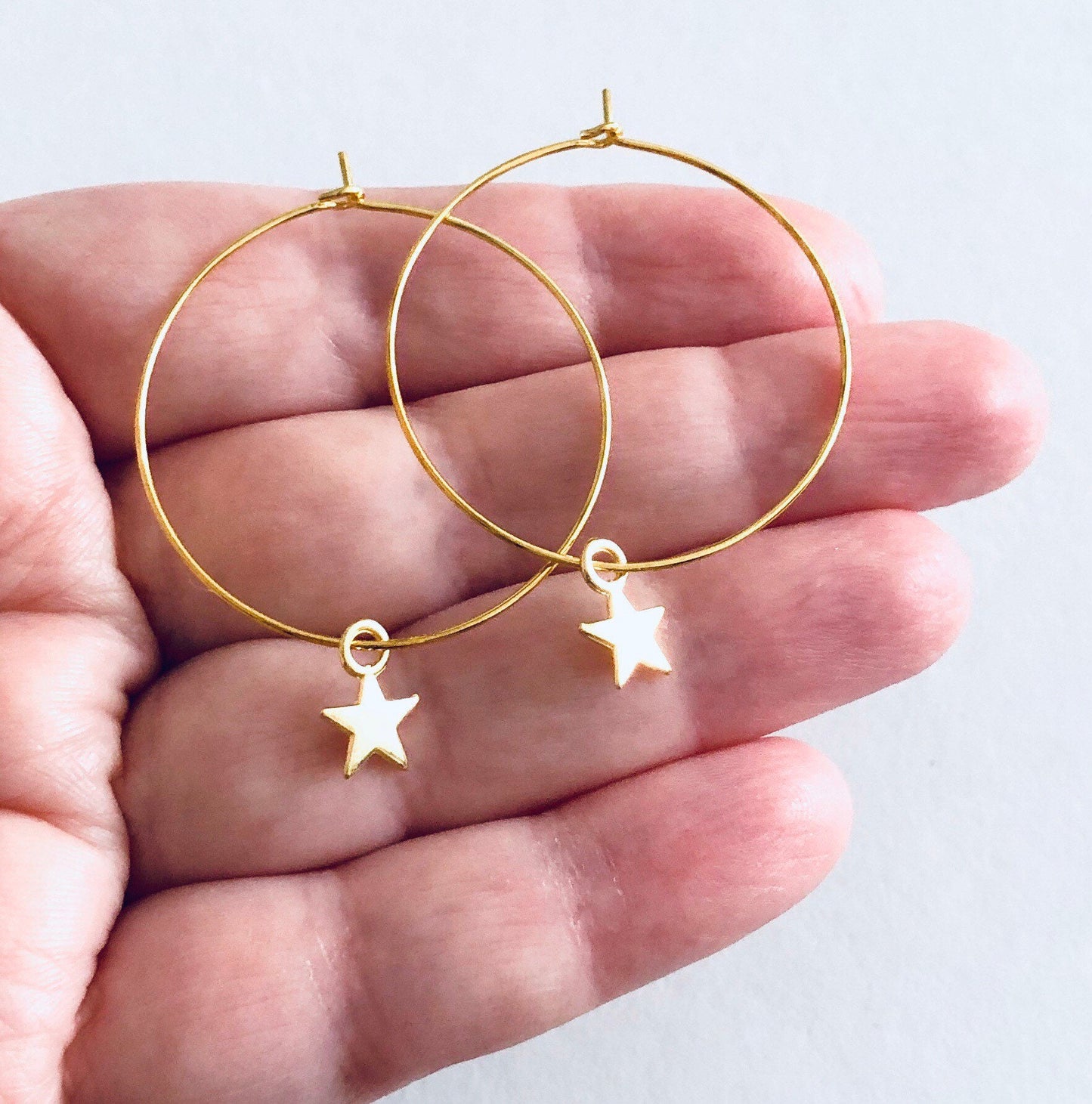 Little Star Gold Hoops with Dainty Star Charms, Little Star Hoop Earrings Golden Celestial Witchy Woman Wiccan Wicca Witch Pagan