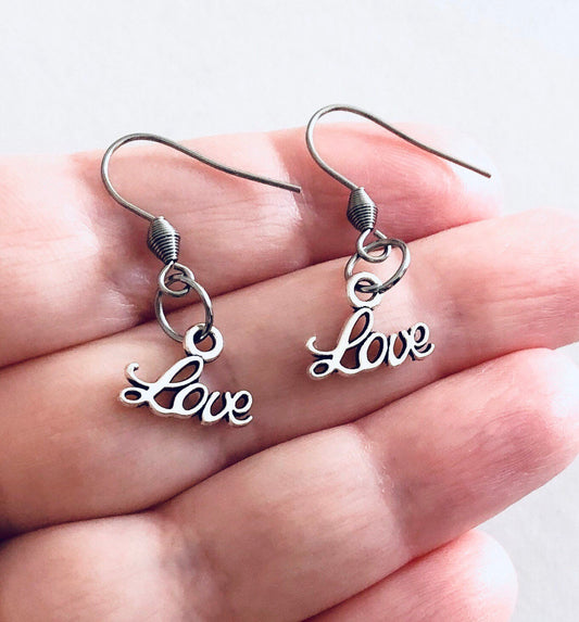 Silver Love Charm Earrings on Stainless Steel Ear Hooks