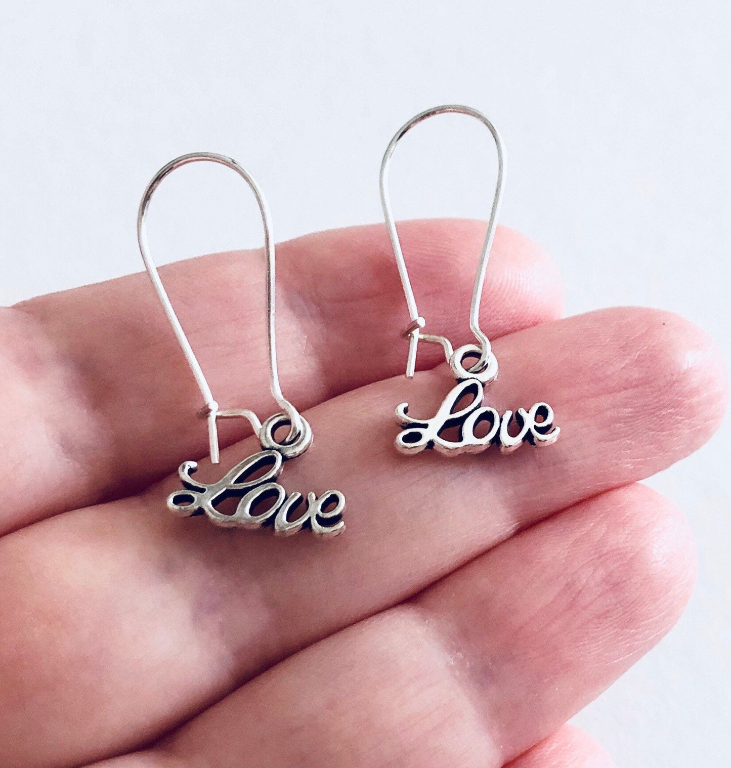 Love Earrings, Drop Dangle Love Earrings, Valentines Earrings, Silver Love Earrings