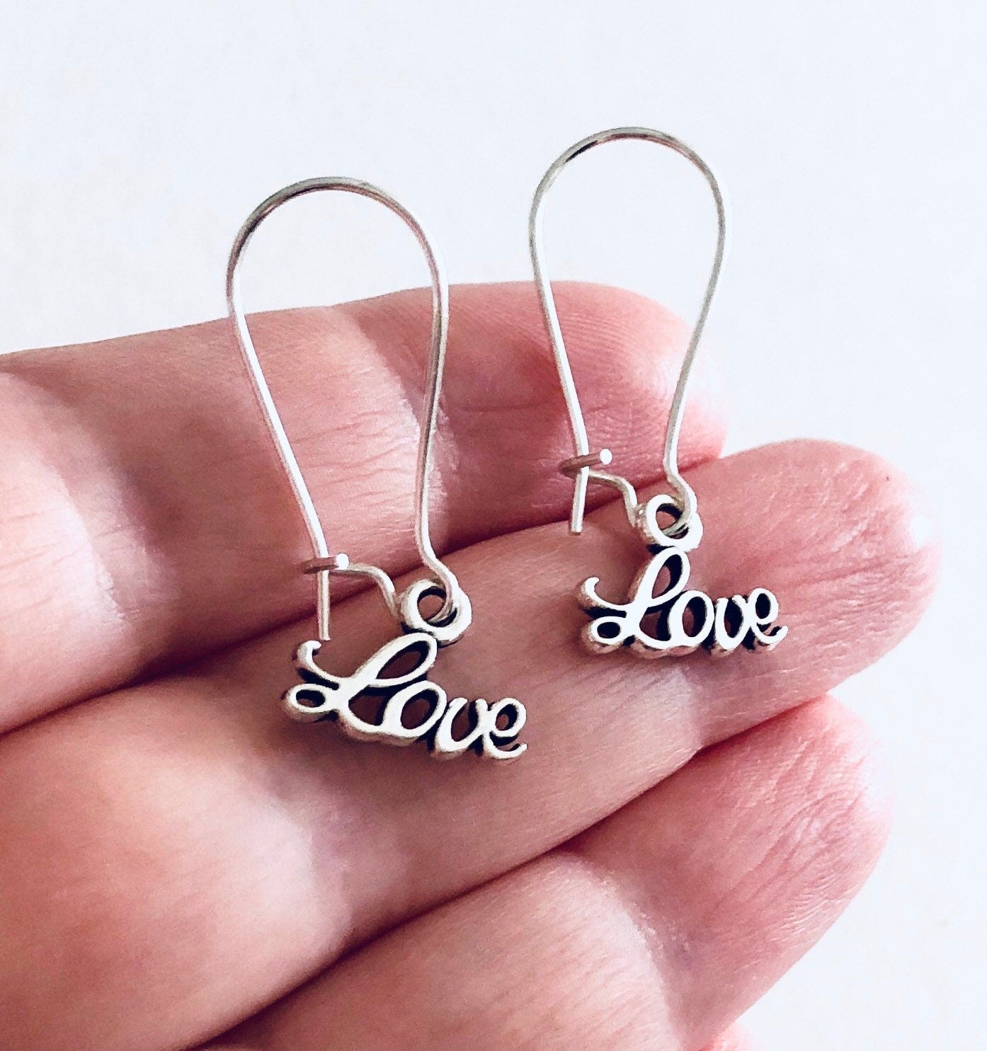 Love Earrings, Drop Dangle Love Earrings, Valentines Earrings, Silver Love Earrings