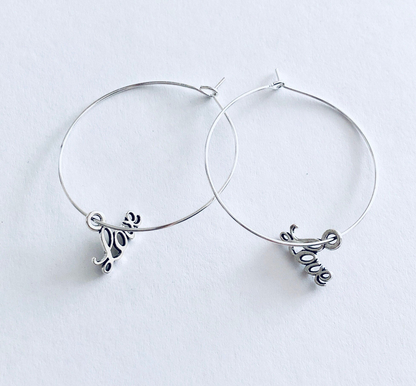 Love Silver Hoop Earrings with Love Charms, Hoop Earrings with Charm, Anniversary Gift, Birthday for Her