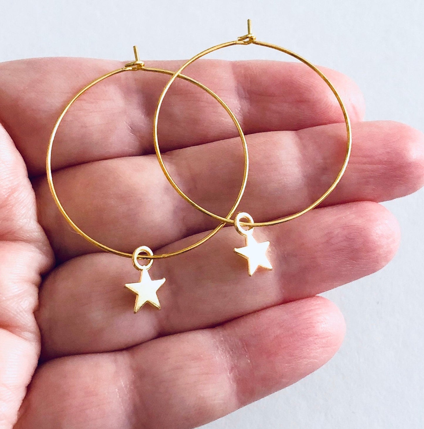 Little Star Gold Hoops with Dainty Star Charms, Little Star Hoop Earrings Golden Celestial Witchy Woman Wiccan Wicca Witch Pagan