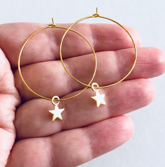 Little Star Gold Hoops with Dainty Star Charms, Little Star Hoop Earrings Golden Celestial Witchy Woman Wiccan Wicca Witch Pagan