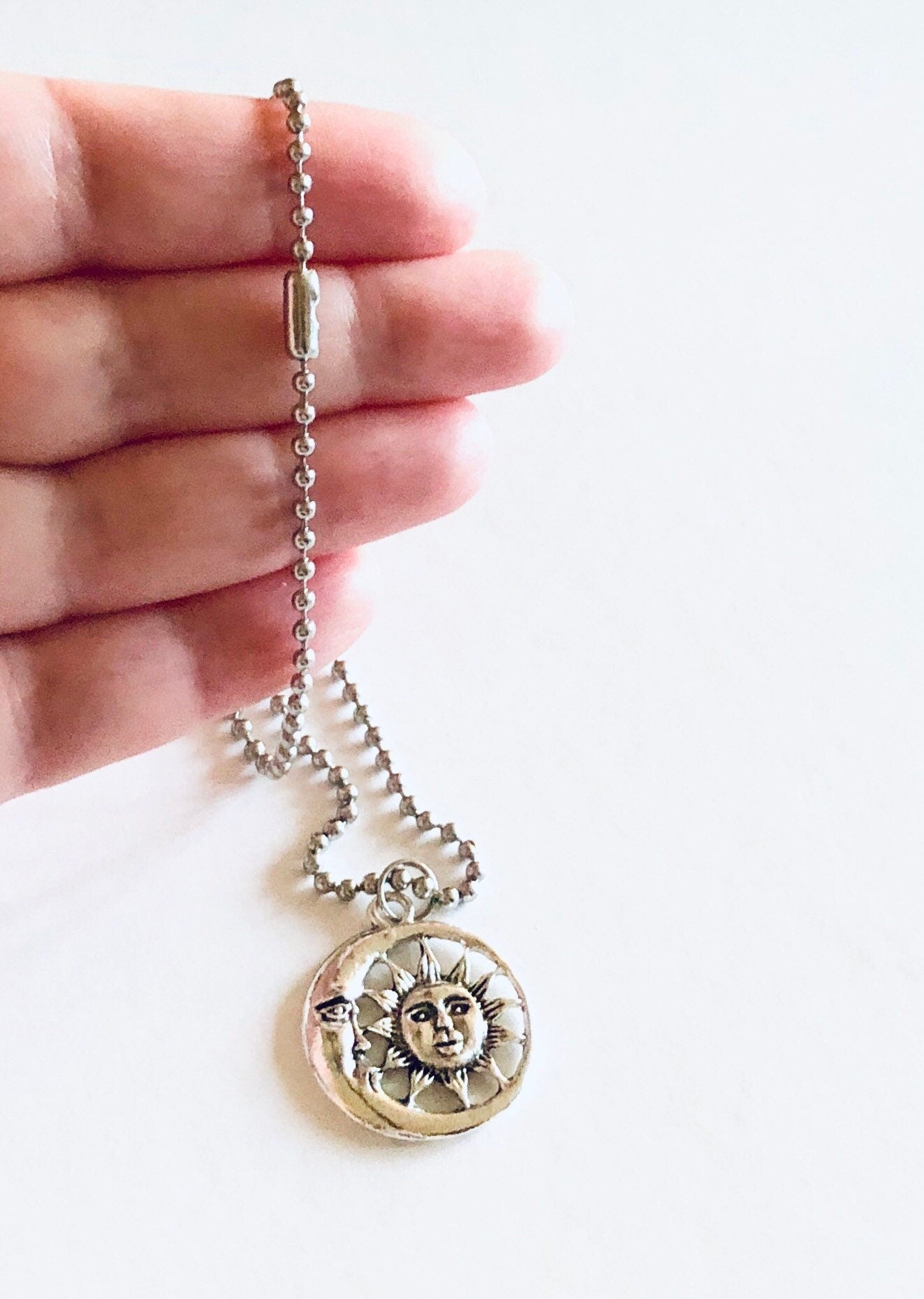 Sun & Moon Silver Charm Necklace, Celestial Necklace, Stainless Steel Ball Chain, Witchy Woman Wicca Wiccan Moon Goddess