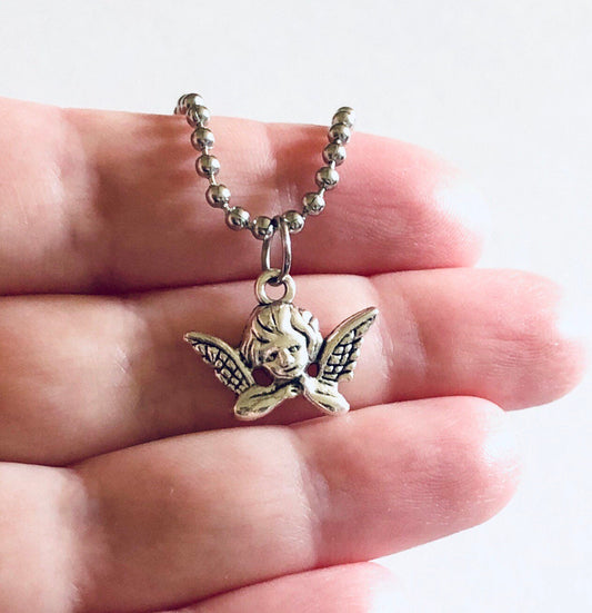 Baby Cherub Necklace, Silver Stainless Steel Chain Cherubs Baby Angel with Wings Charm Ball Chain Necklace