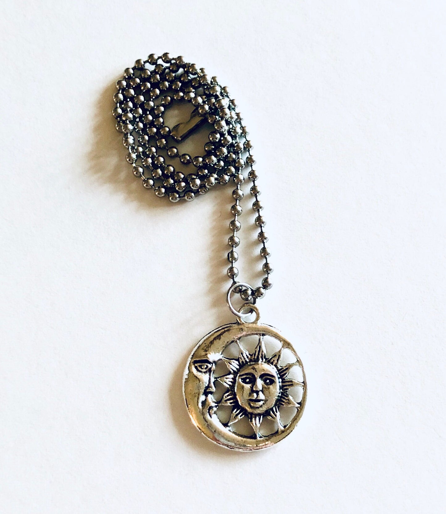 Sun & Moon Silver Charm Necklace, Celestial Necklace, Stainless Steel Ball Chain, Witchy Woman Wicca Wiccan Moon Goddess