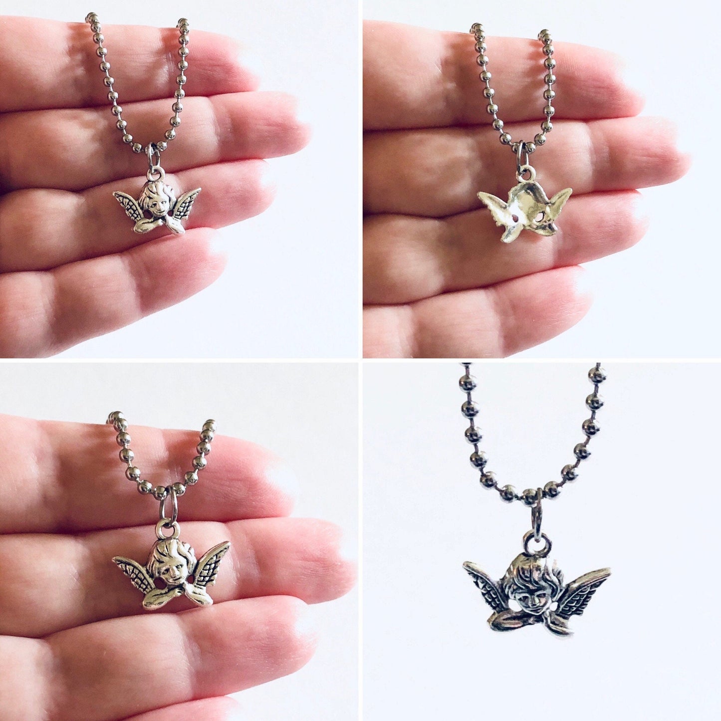 Baby Cherub Necklace, Silver Stainless Steel Chain Cherubs Baby Angel with Wings Charm Ball Chain Necklace