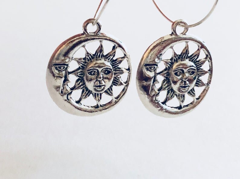 Witchy Sun & Moon Silver Hoop Earrings, Moon Goddess Earrings Wicca Hoops with Charms