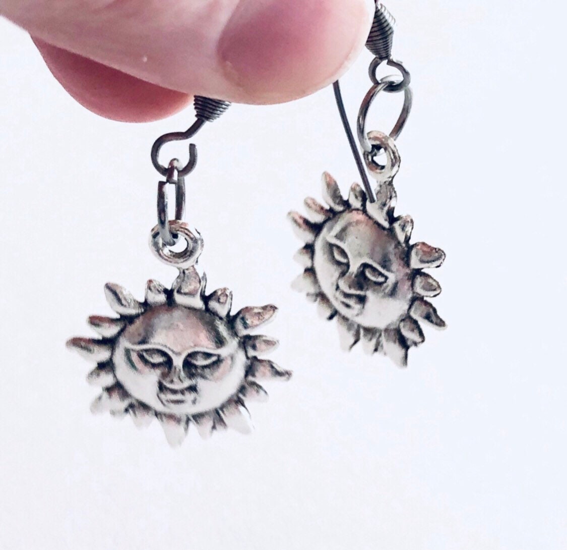 Sun Earrings, Celestial Earrings, with Stainless Steel Ear Hook, Fish Hooks, Sun Goddess Witchy Woman Wicca Wiccan Pagan Sun Face