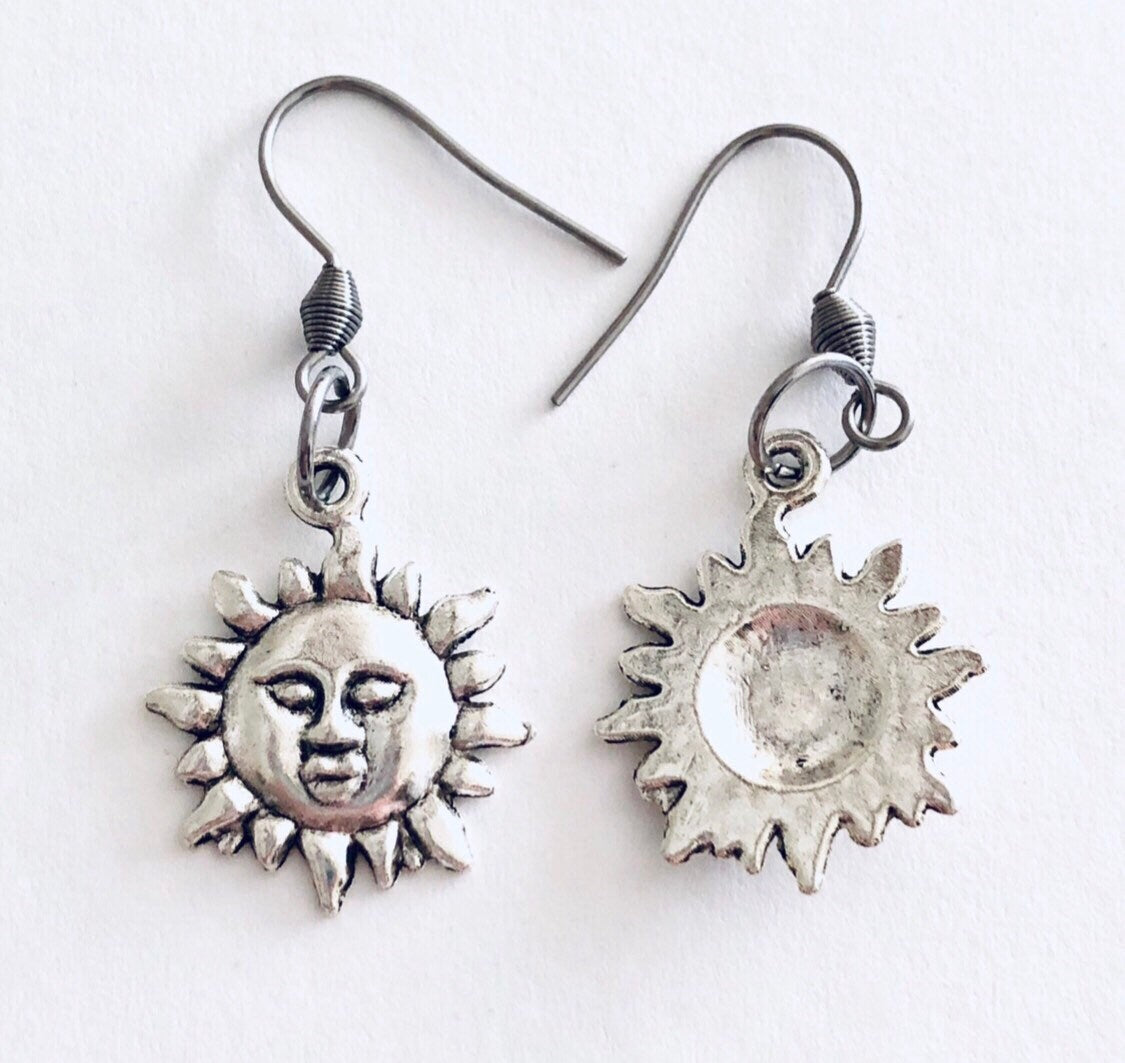 Sun Earrings, Celestial Earrings, with Stainless Steel Ear Hook, Fish Hooks, Sun Goddess Witchy Woman Wicca Wiccan Pagan Sun Face